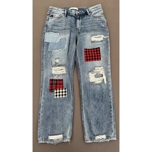 KanCan Boyfriend Jeans Womens Size 28 Distressed Mid Rise Plaid Patch Ripped